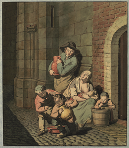 31240 Afbeelding van een gezin dat vanuit de Heilige Kruiskapel op het Munsterkerkhof te Utrechl soep heeft ontvangen ...